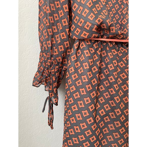 Umgee Women's Dress Orange & Gray Geometric Design Elastic Waist W/ Tie Size LG - Picture 4 of 6
